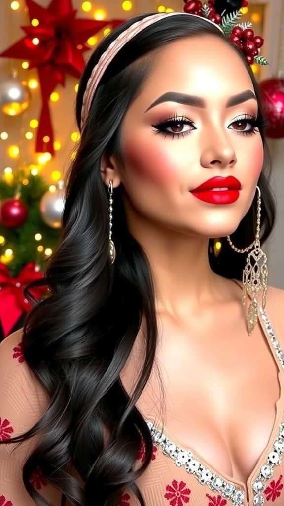 Festive Christmas Makeup Ideas for 2025 Festive Christmas makeup with red lips and gold eyeshadow, set against a holiday-themed background.
